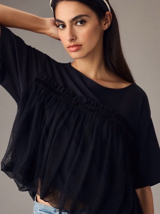 Maeve Tops - MAEVE Black Short-Sleeve Mesh-Overlay Women's BUBBLE HEM TOP ANTHROPOLOGIE LARGE